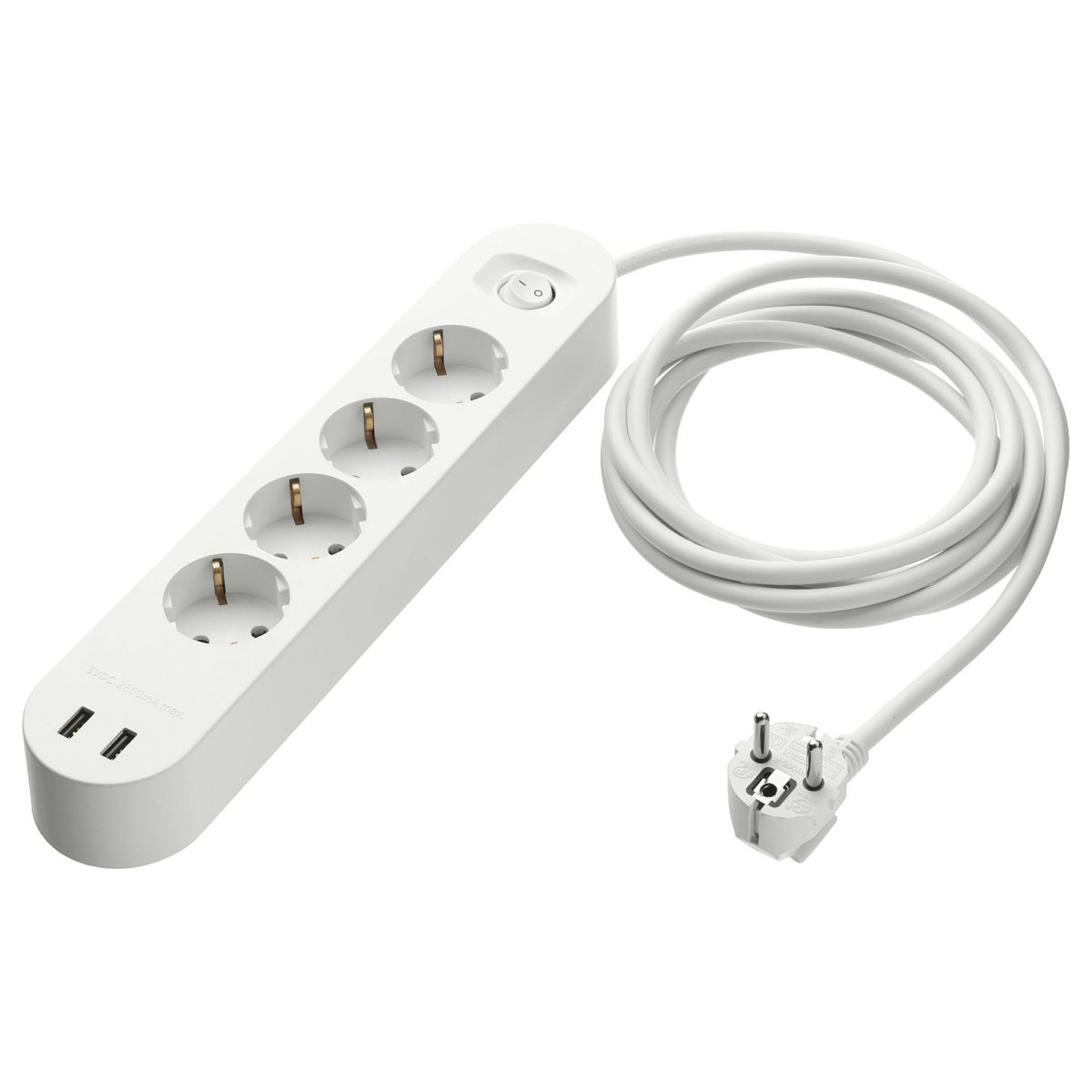 2 USB Girişli 4'lü Priz, Beyaz, 3 m