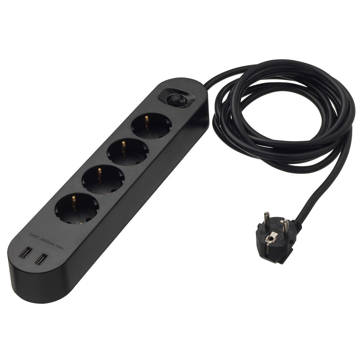 2 USB Girişli 4'lü Priz, Siyah, 3 m