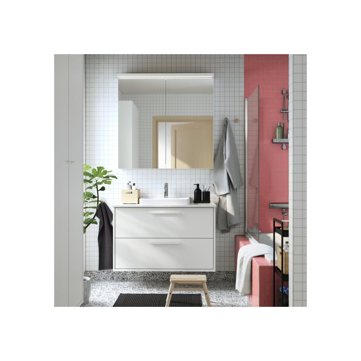 Lavabo Dolabı Kombinasyonu, Beyaz-Beyaz Mermer Görünüm, 102x49x71 cm – 2. görsel