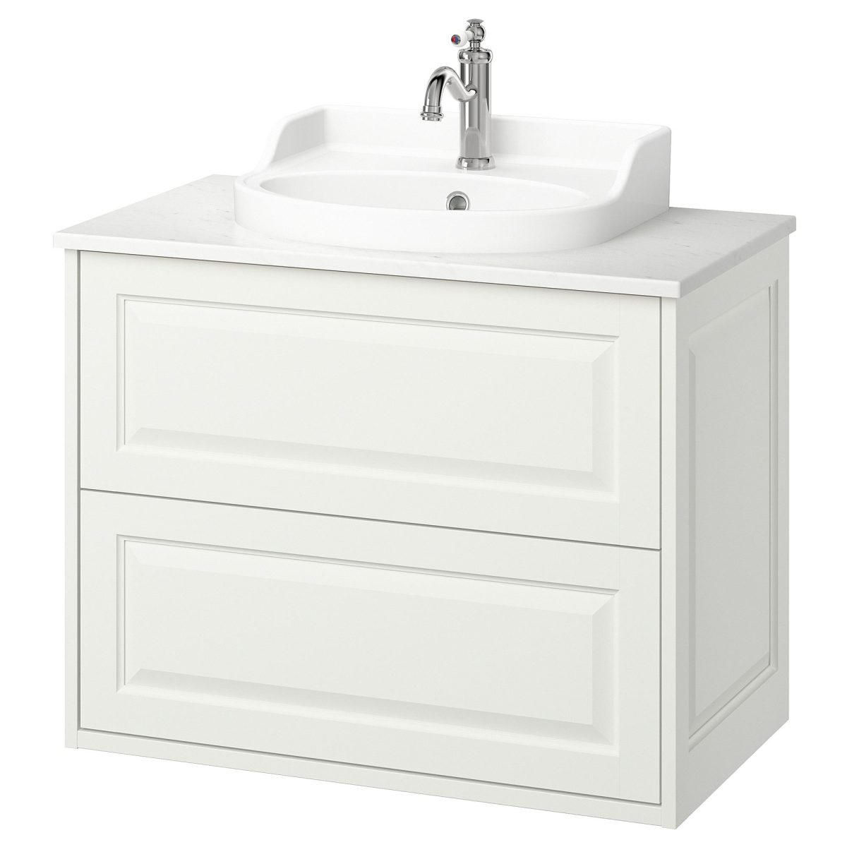 Lavabo Dolabı Kombinasyonu, Beyaz-Beyaz Mermer Görünüm, 82x49x76 cm, Bataryalı