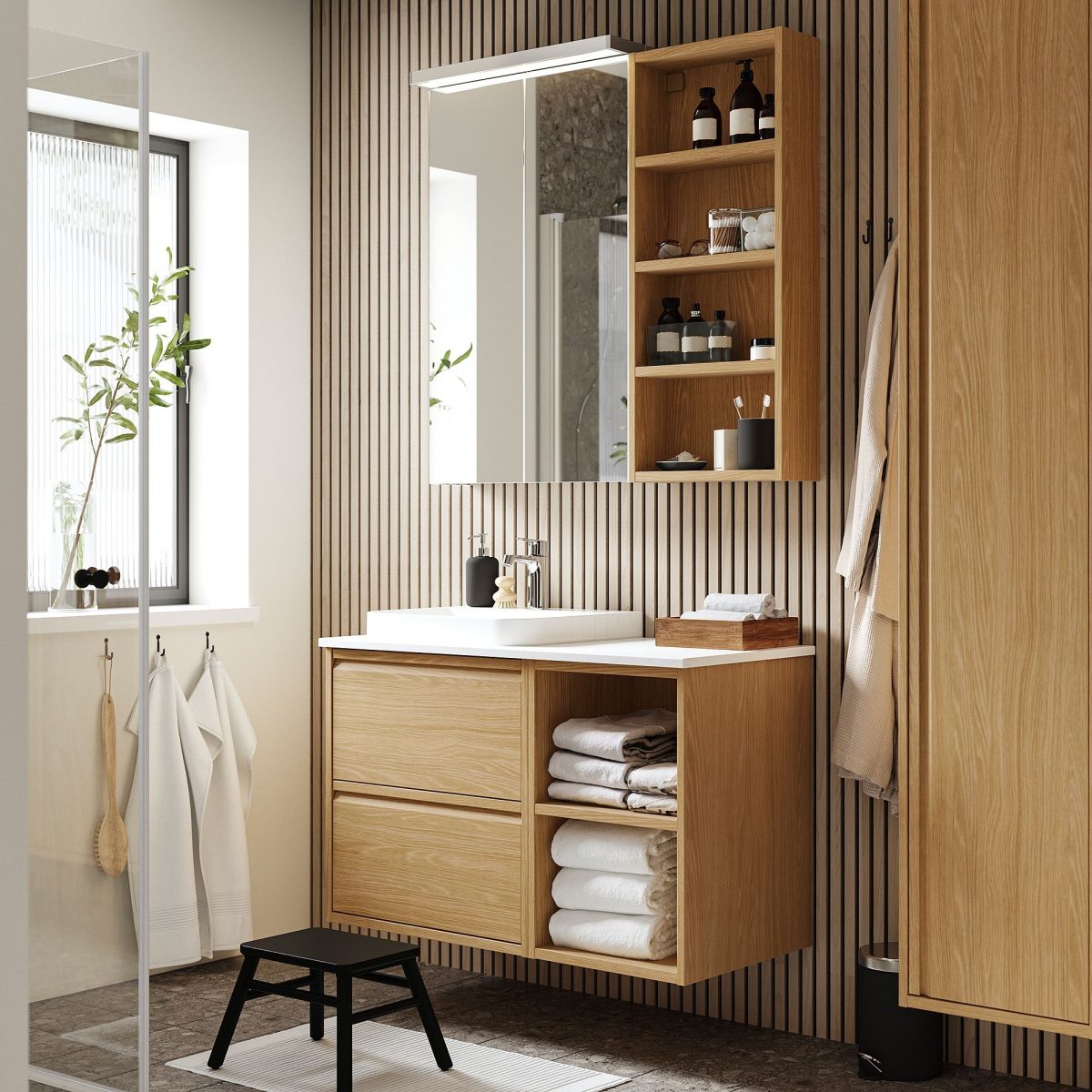 Lavabo Dolabı Kombinasyonu, Meşe Görünümlü-Beyaz Mermer Görünüm, 102x49x71 cm, Bataryalı – 2. görsel
