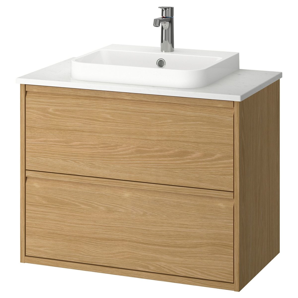 Lavabo Dolabı Kombinasyonu, Meşe Görünümlü-Beyaz Mermer Görünüm, 82x49x71 cm, Bataryalı