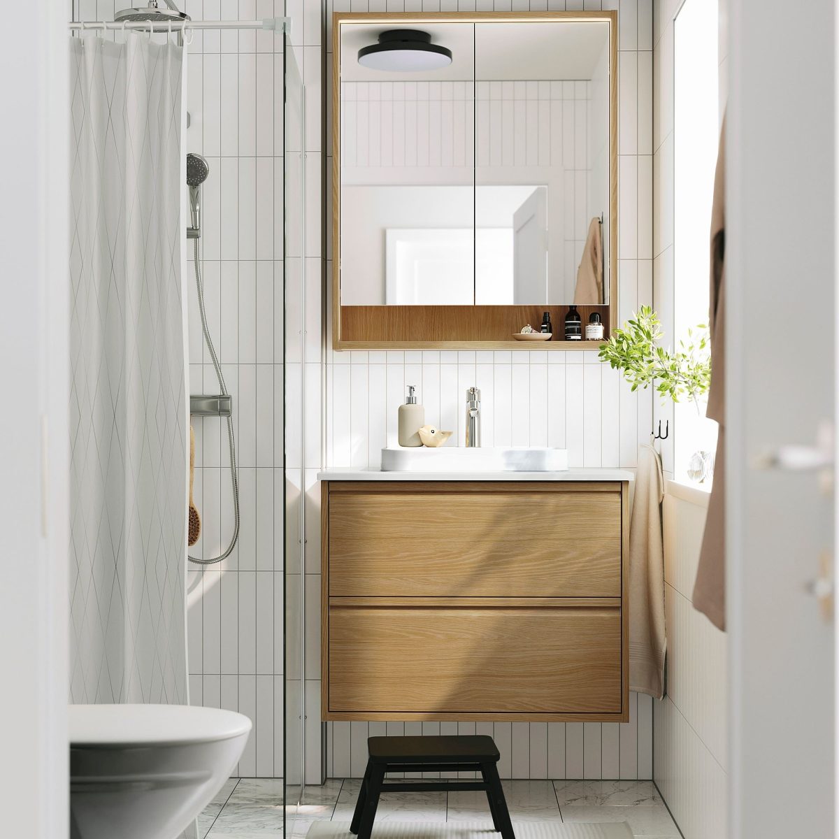Lavabo Dolabı Kombinasyonu, Meşe Görünümlü-Beyaz Mermer Görünüm, 82x49x71 cm, Bataryalı – 2. görsel
