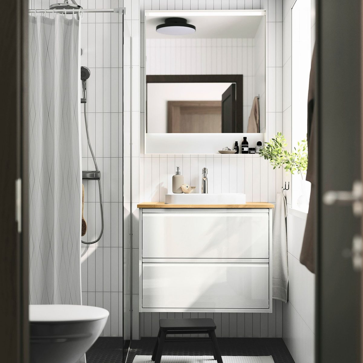 Lavabo Dolabı Kombinasyonu, Parlak Cila Beyaz-Bambu, 82x49x71 cm, Bataryalı – 2. görsel