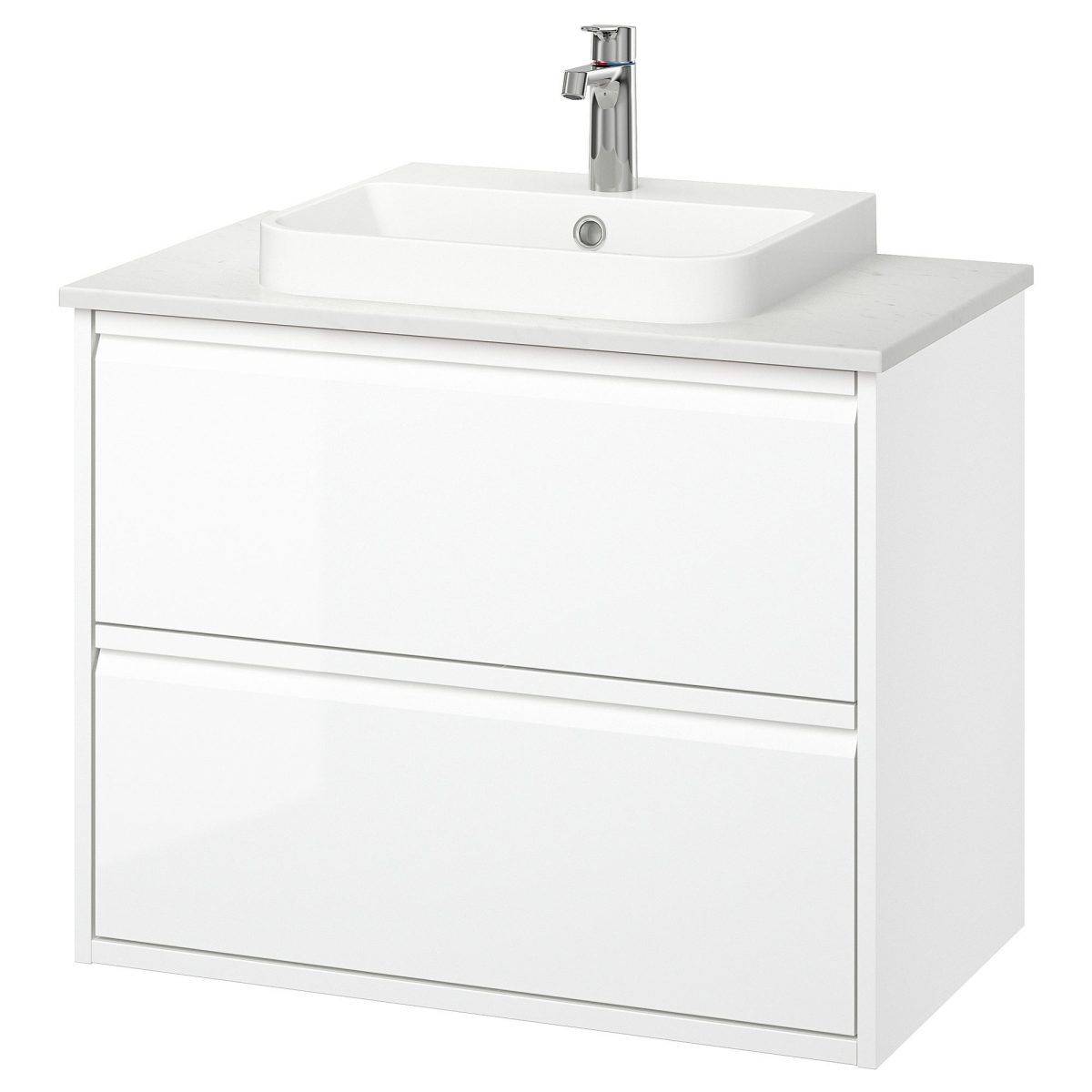 Lavabo Dolabı Kombinasyonu, Parlak Cila Beyaz-Beyaz Mermer Görünüm, 82x49x71 cm, Bataryalı