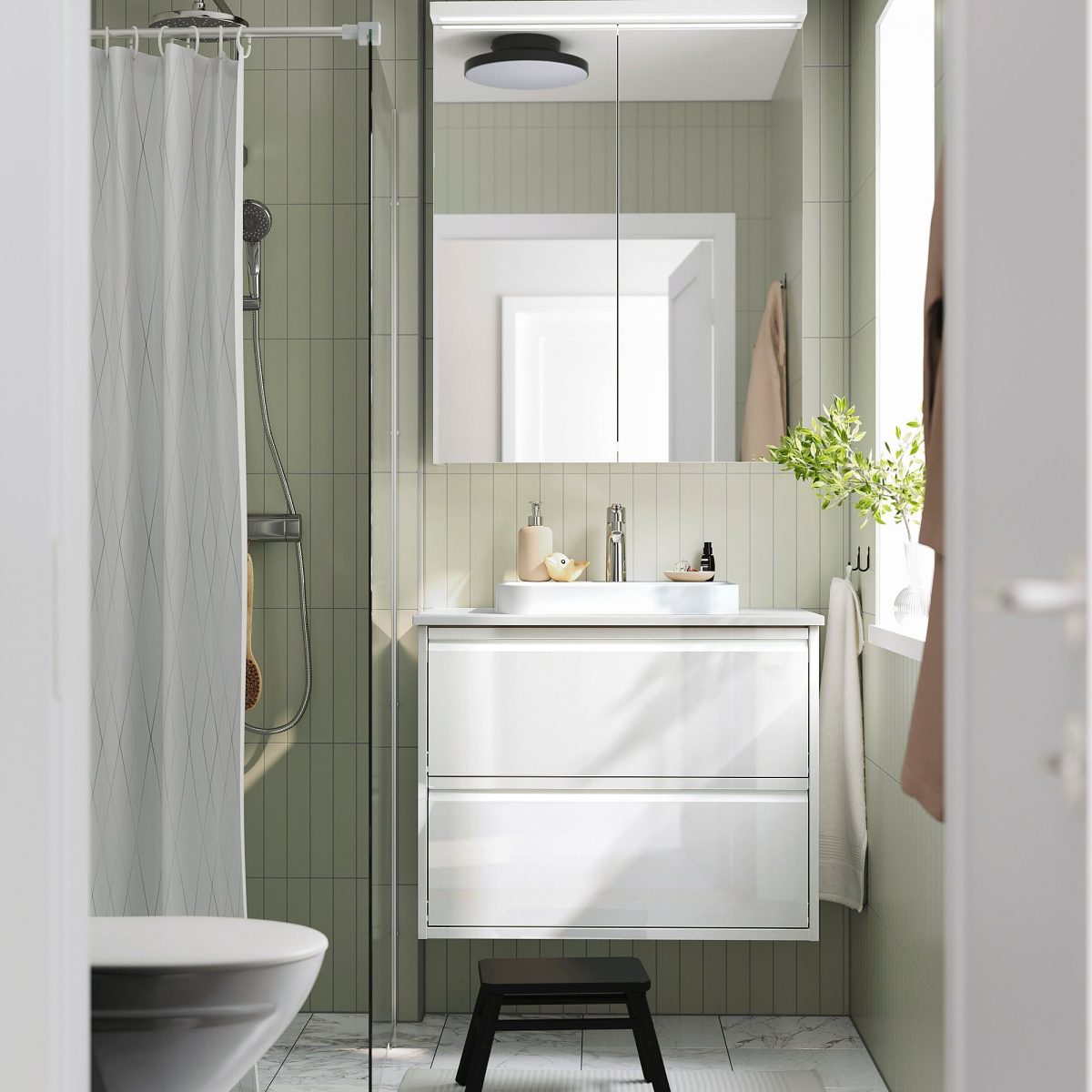 Lavabo Dolabı Kombinasyonu, Parlak Cila Beyaz-Beyaz Mermer Görünüm, 82x49x71 cm, Bataryalı – 2. görsel