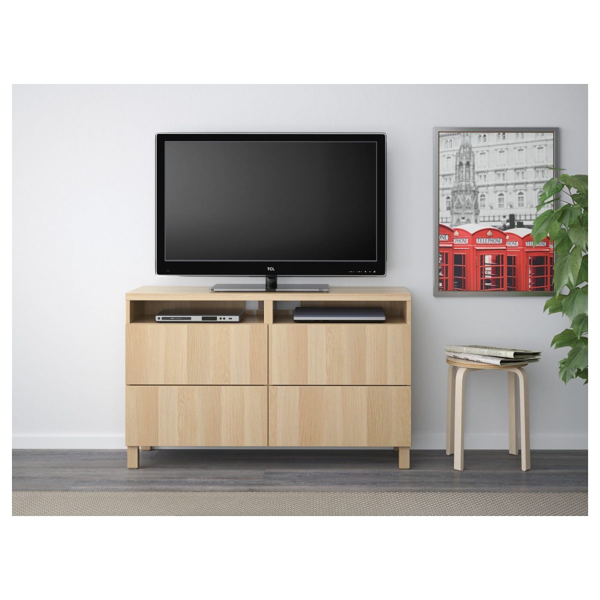 TV Sehpası, Ağartılmış Meşe Görünümlü, 120x40x74 cm, Fren Raylı – 2. görsel