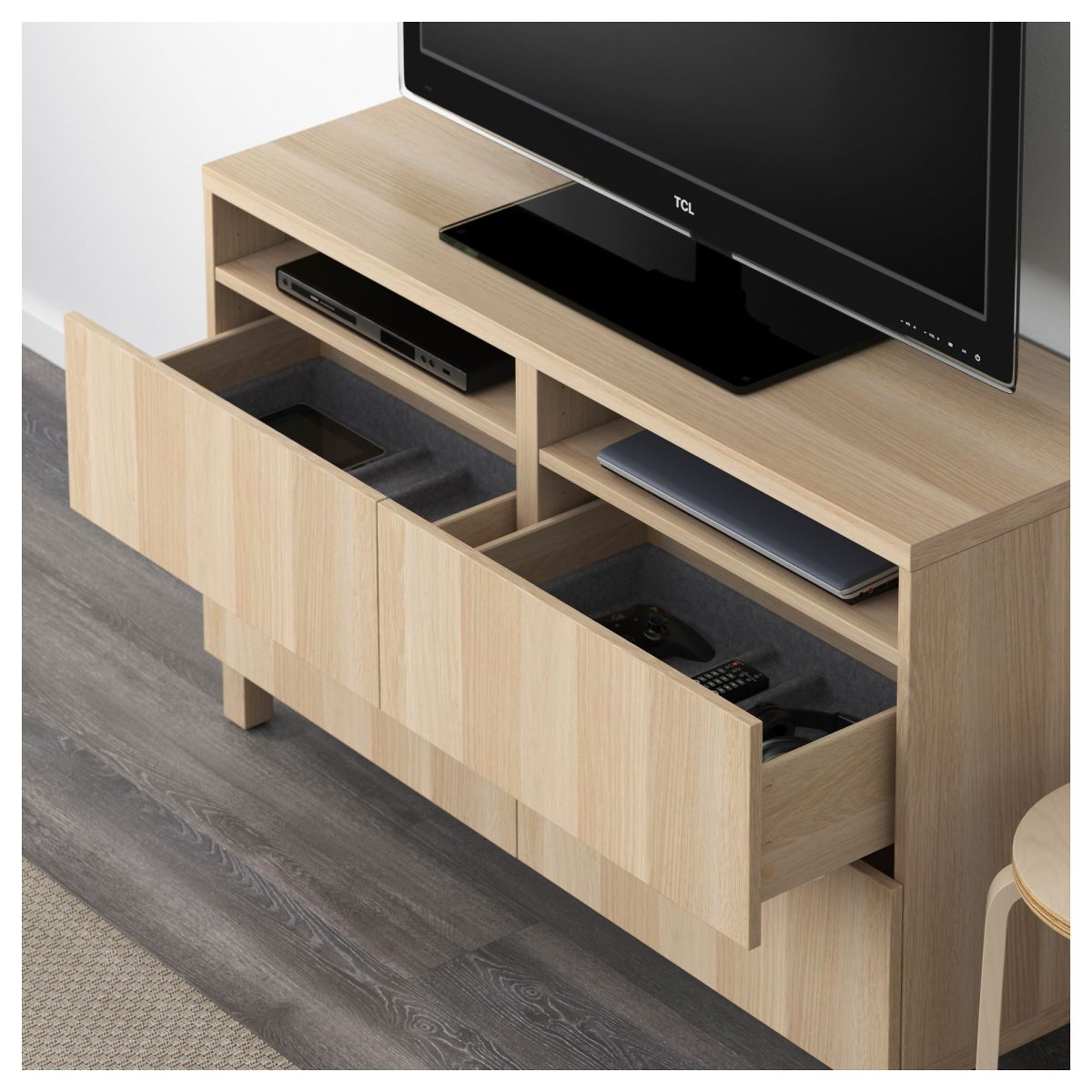 TV Sehpası, Ağartılmış Meşe Görünümlü, 120x40x74 cm, Fren Raylı – 3. görsel