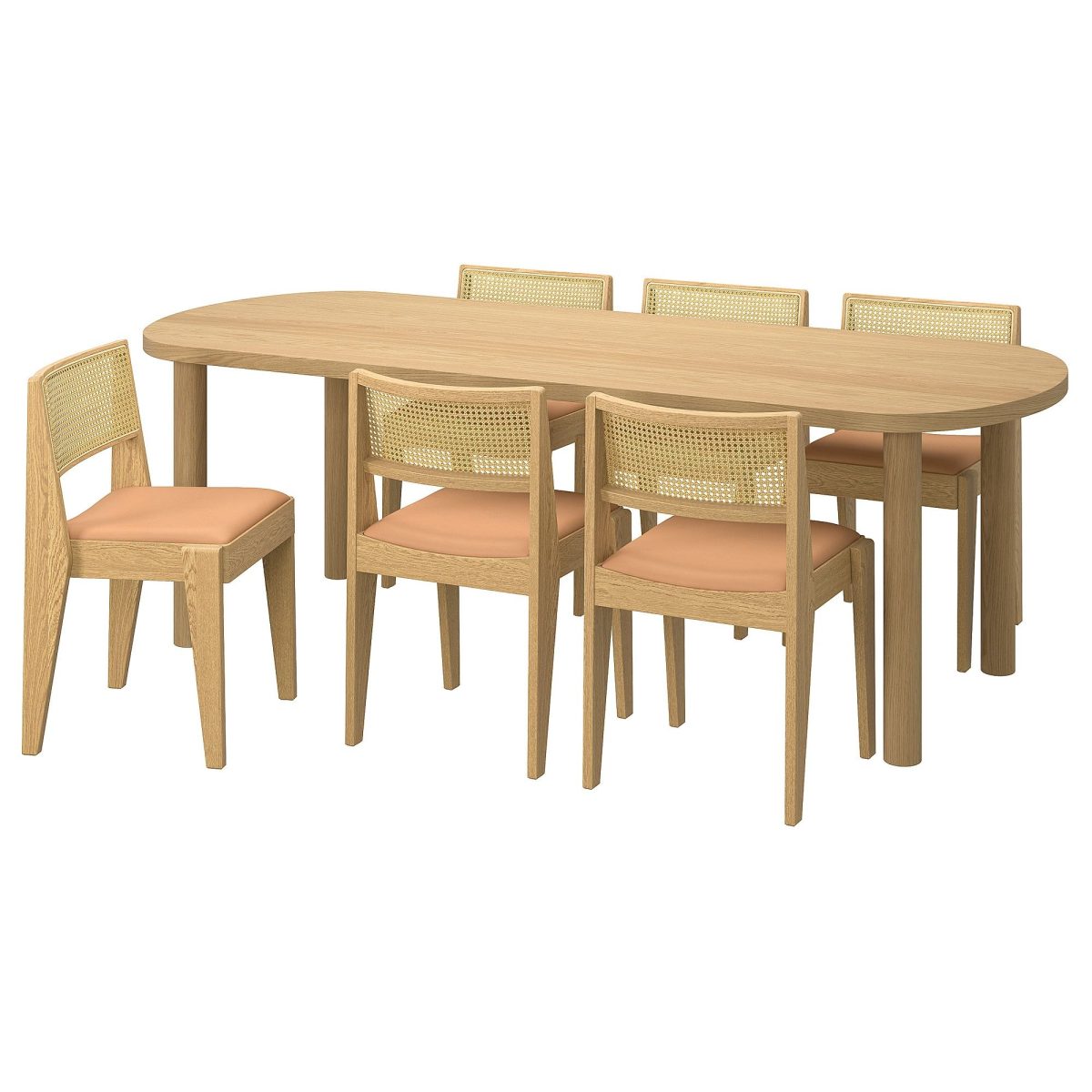 Yemek Masası Takımı, Meşe Kaplama-Meşe Rattan, 6 sandalyeli, Sabit, 230x90 cm