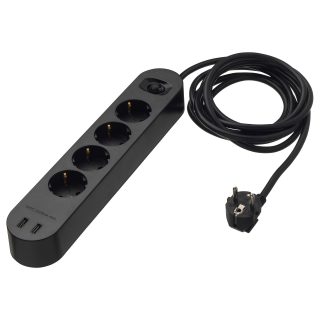 2 USB Girişli 4'lü Priz, Siyah, 3 m