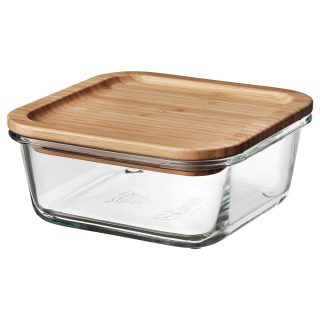 Kapaklı Cam Saklama Kabı, Cam-Bambu, 600 ml, Kare