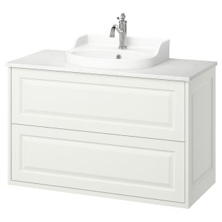 Lavabo Dolabı Kombinasyonu, Beyaz-Beyaz Mermer Görünüm, 102x49x76 cm, Bataryalı