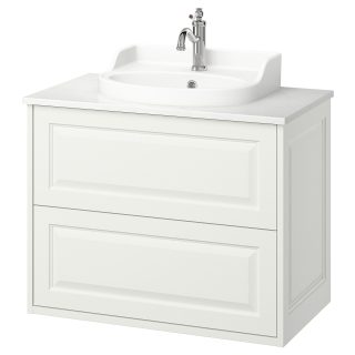 Lavabo Dolabı Kombinasyonu, Beyaz-Beyaz Mermer Görünüm, 82x49x76 cm, Bataryalı