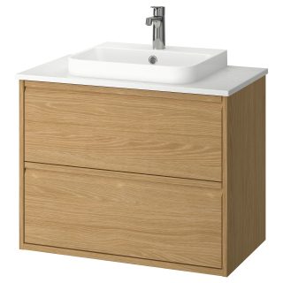 Lavabo Dolabı Kombinasyonu, Meşe Görünümlü-Beyaz Mermer Görünüm, 82x49x71 cm, Bataryalı