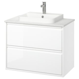 Lavabo Dolabı Kombinasyonu, Parlak Cila Beyaz-Beyaz Mermer Görünüm, 82x49x71 cm, Bataryalı